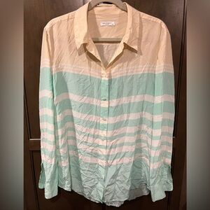 Equipment Classic Silk Blouse sz L Work Shirt in Summer Tan & Mint Green Stripes
